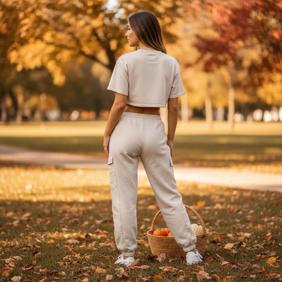 Better / Together Women's Baggy Cargo Fleece Sweat Pants Beige Lounge joggers L - Picture 2 of 10